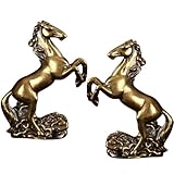 MHYGKTXRA 2pc Vintage Antique Brass Horse Figurine - Solid Brass Long Tail Equine Miniature - Feng Shui Home Decor, Collectible Animal Ornament