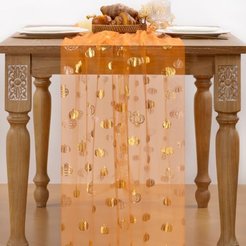 Image of Fall Pumpkin Table Runner Orange Sheer Gauze Foil Table Runner, 6PC