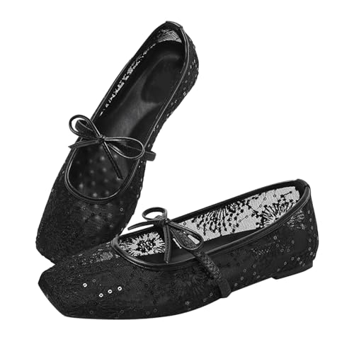 Mary Jane Zapatos de mujer elegantes bailarinas de baile con cordones, transpirables, cómodos, de tela de encaje, zapatos de verano, deportivos, zapatos de balerina, zapatos ligeros, Negro , 39 EU