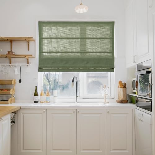 Image of TWOPAGES Liz No Drill Cordless Roman Shades Linen Textured Roman Blinds for Windows, Custom Made Room Darkening Blackout Roman Window Shades, Hardware Included, Olive, 1 Piece
