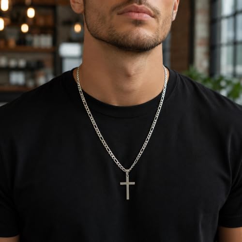 Image of CaptainSteeL Stainless Steel Cross Necklace for Men, Figaro Chain Pendant
