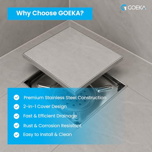 Image of GOEKA 6 inch x 6 inch Full SS 304 Tile & Marble Insert Floor Drain | Reverse Plate with Cockroach Trap | Square Drain Cover | Rust-Proof, Anti-Clog | Heavy-Duty Bathroom, Kitchen, Terrace & Balcony Drain