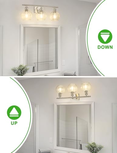 Image of DORESshop 3-Light Bathroom Vanity Light Over Mirror, 24 Inch Brushed Nickel Bathroom Light Fixtures with Clear Glass Globe Shade, Modern Vanity Lights for Bathroom, Mirror, Living Room, Bedroom
