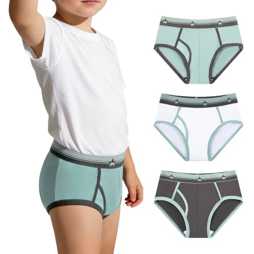 Image of Carer Washable Cotton Front Absorbent Briefs for Boys, 3-Pack Reusable Breathable Leak-Proof Kids Regular Underwear for Light Daytime Incontinence (Multi-Colored, Size 8)