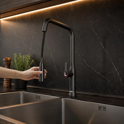 Image of Lorazzo ARCUS Stainless Steel 304 Pull-Down Kitchen Faucet with Hot & Cold Mixer | 360 Swivel Sink Tap | Dual Spray Kitchen Tap | Deck Mounted Kitchen Sink Faucet | 10Y Warranty (Arcus Black)
