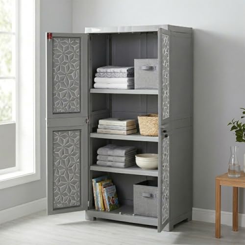Image of Nilkamal Freedom FMM Star Plastic Wardrobe | 4-Shelf Storage Cupboard with Doors | 3-Year Warranty|Clothes Organizer|Almirah|for Home, Living Room, Bed Room|Adult & Kids| Haze Grey & Milky White