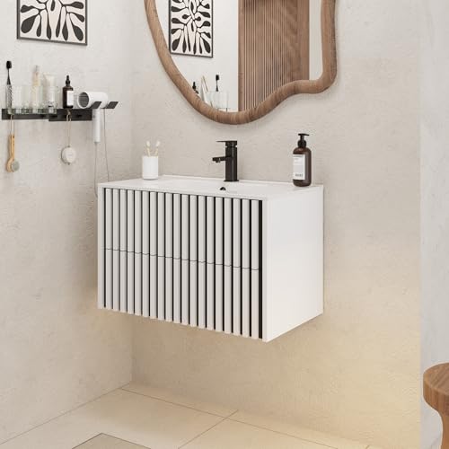 UEV Mueble de Baño 80CM Suspendido con Lavabo de Cerámica, Mueble Lavabo Incluido con 2 Cajones para Almacenaje, Moderno y Práctico, Blanco - imagen 4