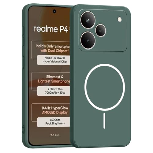 Image of amazon basics Back Cover for Realme P4 5G | Ultra Slim Soft Rubberised Case | Magsafe Logo Printed (Not Magsafe Compatible) | Camera Protection - Green