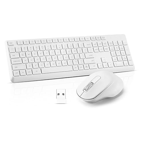 Wireless Keyboard Mouse Combo, Ultra-Slim USB Keyboard Silent Mouse Set, Water-Dropping Keycaps, 12 Shortcuts, 2.4GHz Wireless Connection for PC Laptop Windows XP/7/8/10, Vista, Mac (White)