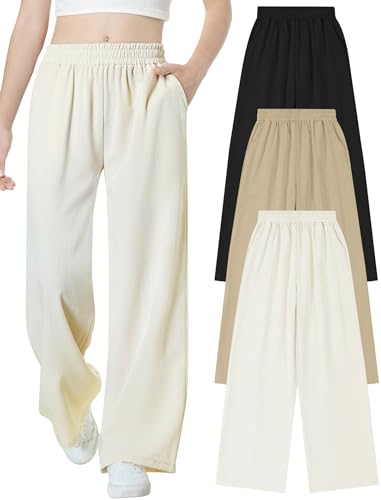 Image of EXARUS 3 Pack Girls Wide Leg Pants Flowy Linen Teen Casual Loose Baggy | Tween Beach Vacation Trousers with Pockets Elastic High Wasited Straight Bottoms Youth Junior Kids School 6-12Y