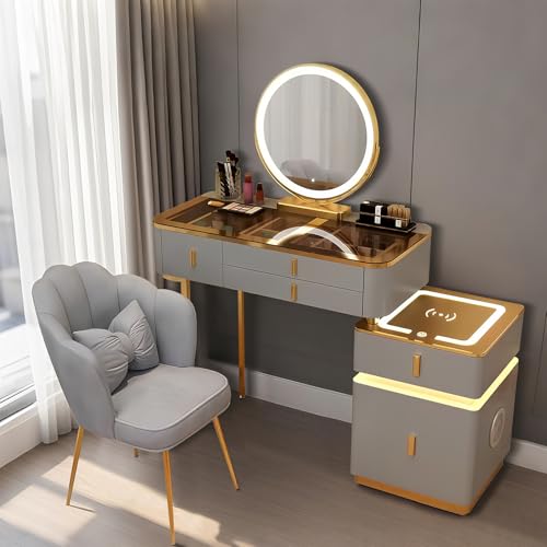 Elegante juego de tocador de maquillaje de 100 cm con espejo y silla, tocador de madera con parte superior de cristal y cajones, cómoda moderna para dormitorio con luces (gris y marrón)