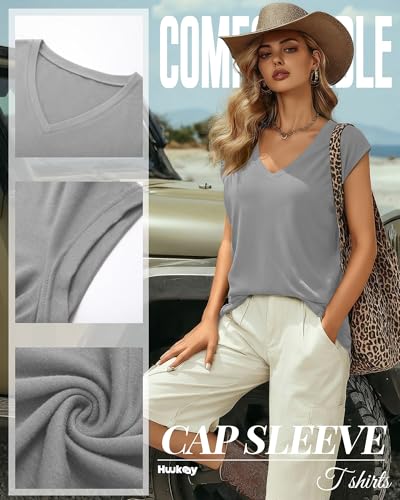 Image of Huukeay 3 Pack Women's V Neck Cap Sleeve T Shirts