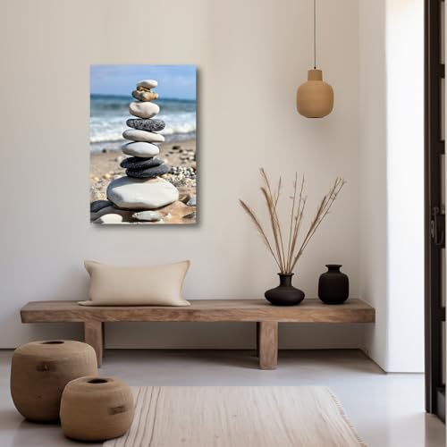 LZIMU Zen Wall Art Pebble Stones Beach Waves Canvas Prints Yoga Spa Meditation Painting for Spiritual Room Bathroom Office Decoration (Zen-1 - Image 3
