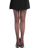 Women Fishnet Hollow Out Knitted Patterned Stockings Tights Vertical Strips Pantyhose For Female (Brown-1, One Size)