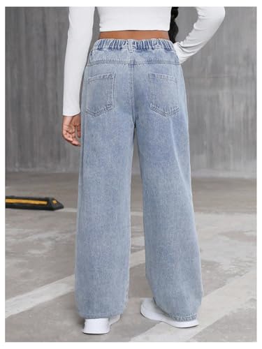 MakeMeChic Girl's Ripped Pearl Beaded Jeans Zip Fly Straight Leg Y2K Grunge Denim Pants3