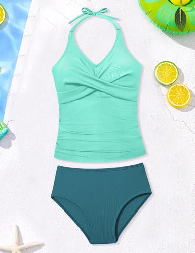 Image of Girls Swimsuits 2 Piece Halterneck Bathing Suit Criss Cross Ruched Printed Tankini Swimwear Set for 9-16 Years