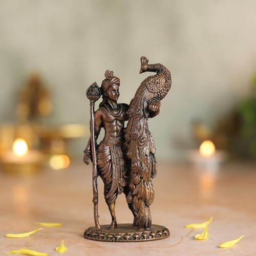 Copper Idols Lord Kartikeya Idol | Antique Brass Finish Murugan S...