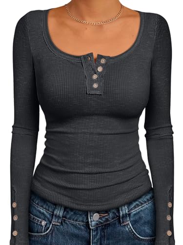 Kissfix Womens Long Sleeve Shirts Fall Clothes Henley Tops Business Casual Ribbed Blouses Fashion Trendy Outfits 2025
