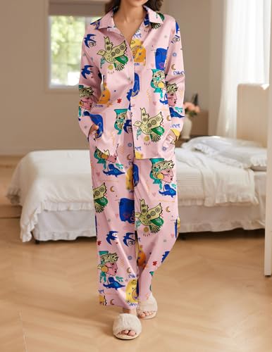 Ekouaer Womens Satin Silky Pajama Set 2 Piece Print PJs Soft Loungewear Button Down Sleepwear with Elastic Waist Long Pants