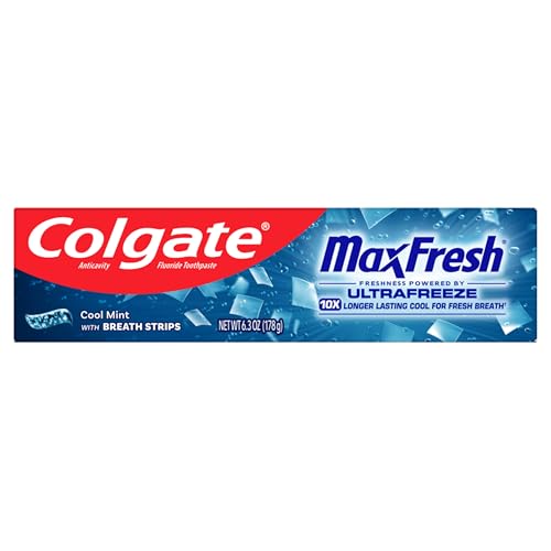 Colgate MaxFresh Cool Mint Toothpaste, Fresh Breath Toothpaste with Fluoride and Hundreds of Mini Breath Strips, Leaves Mouth Feeling Refreshed for Hours, 6.3 oz