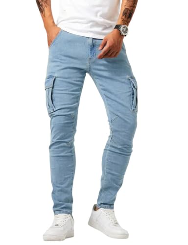 Mywinway Skinny Jeans for Men Spring Fall Stretch Skinny Fit Mid Rise Tapered Leg Slim Fit Causal Cargo Denim Pants