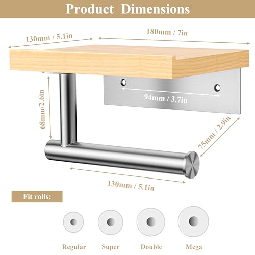 Image of Tindbea Toilet Paper Holder with Wood Shelf, Wooden Wall Mount Tissue Paper Roll Holder, Brushed Nickel Stainless Steel Bathroom Accessories Decor for Home (Maple, Brushed Nickel)