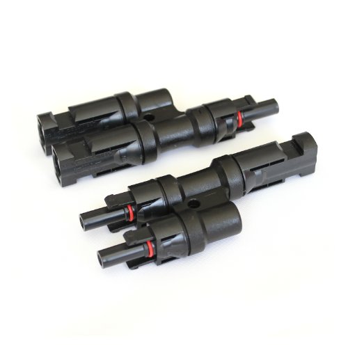 Pair of MC4 T-branch cable connectors for solar panels and photovoltaic systems