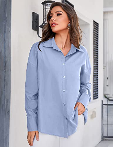 Blue Button Down Shirts For Women Dressy Blouses Tops, Casual Long Sleeve Collared Boyfriend Shirts Resort Wear #TOP5