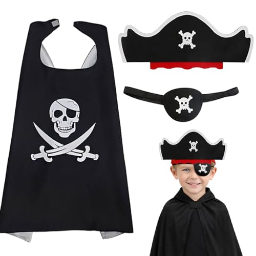 OIXEYA 3 piezas disfraz pirata niño, disfraz de capitán pirata, capa pirata, sombrero pirata, parches de ojo pirata, para Halloween, cosplay, carnaval, mascarada