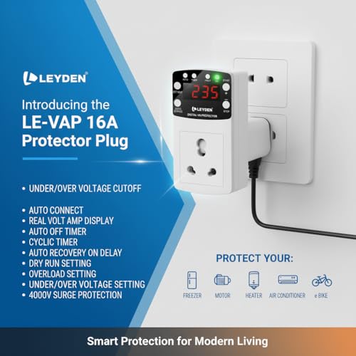 Image of LEYDEN LE-VAP 16A, 220VAC Under Over Voltage Protection Plug, Over Current & Dry Run Protection, Off & Cyclic Timer (1-999 min), 4000V Surge Protector for AC, Pump, Freezer, Geyser