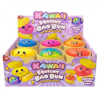 KAWAII Squishy Bao Bun Neon Toy in Steamer Basket, with Rare Rainbow Dumpling, 8.5cm
