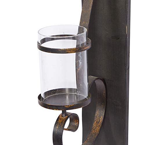 Deco 79 Metal Geometric Pillar Wall Sconce With Wood Wall Mount, 8" X 5" X 36", Black #TOP6