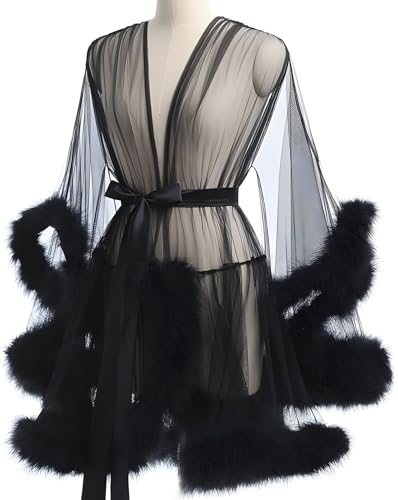 Robes For Women Tulle Robe with Faux Fur Trim, Sexy,Soft and Comfortable,Perfect for Spa Nights and Maternity Photoshoot4