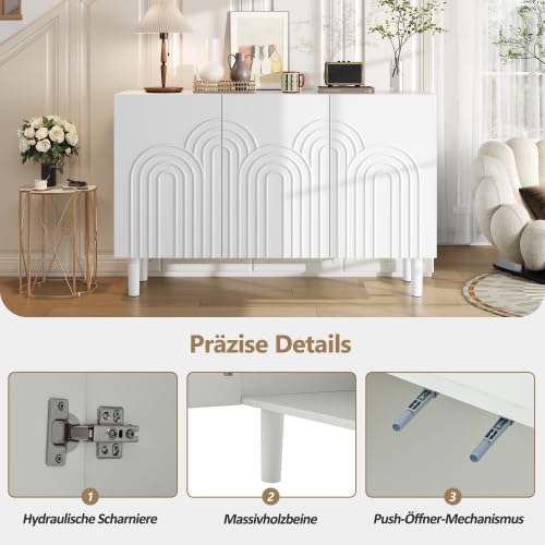 vutizal 3 Türen Sideboard Weiß mit verstellbaren Fächern, Aufbewahrungsschrank MDF strukturiert, 5 Ebenen Kommode für Wohnzimmer & Flur, 120x39x79 cm