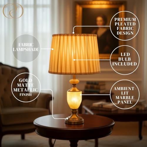 Image of ELARE Antique Brass Table Lamp for Bedroom with Pleated Fabric Shade & Marble Base | Luxury Bedside Night Table Lamps for Bedroom & Living Room | Vintage Decorative Table Light for Home Decor
