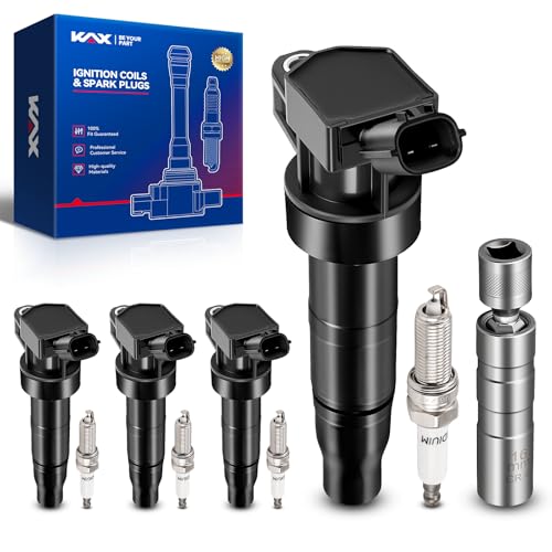 Image of KAX 4 Ignition Coils & 4 Spark Plugs Set for Santa Fe Sport, Optima, Sonata | (w /tool) Fits Santa Fe Sport 2013-2015 2.0T, Optima 2011-2015 2.0T 2013-2015 2.4L, Sonata 2011-2014 2.0T, Sportage, UF647
