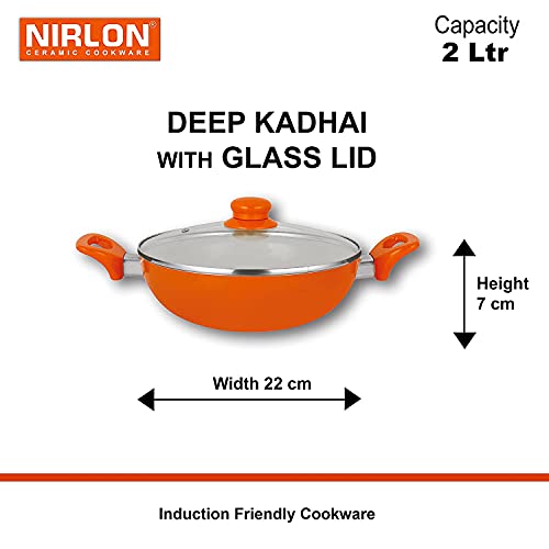 Image of NIRLON New Reinforced 4 Layer Ceramic Coating Non Stick Induction Dosa Tawa, 2 Deep Kadhai With Glass Lid, Grill Pan & Deep Casserole with Glass Lid Orange (Aluminium, Stainless Steel, Bakelite, Glass)Orange Colour.