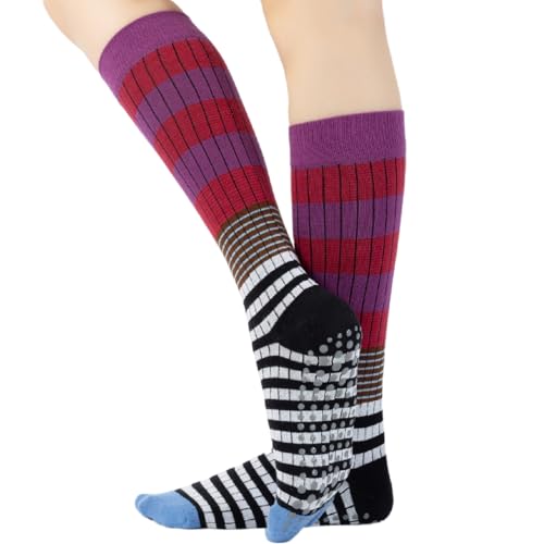 Image of Verdancy Yoga Pilates Socks with Grips for Women Striped Color-Blocked Knee Highs Non Slip Cushioned Over the Calf Socks