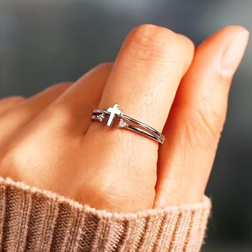 White Gold Plated Cubic Zirconia Elegant Minimalist Cross Design Statement Ring Personalized Accessory Ideal for Women's Daily Casual Wear Party Holiday Anniversary Love Jewelry Gift4