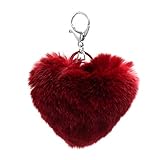 surell Plush Rex Rabbit Fur Heart Pom-Pom Keychain - Cute Bag Purse Charm - Ring Fluffy Fur Ball - Fashion Gift (Dark Red)