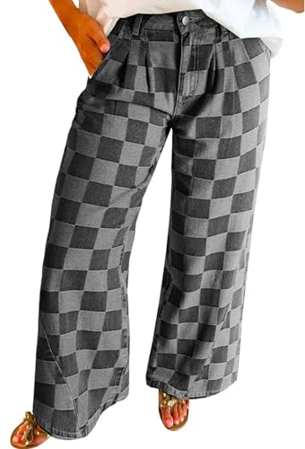 loveimgs Women Baggy Checkered Pants Patterned Denim Wide Leg Jeans Plaid Printed High Waisted Gingham Jeans2