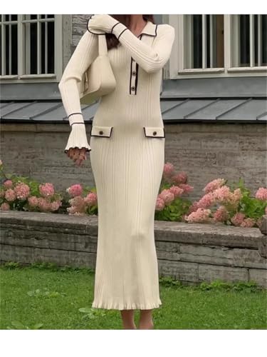 Women Autumn Winter Elegant Knitted Long Ruffles Dressres High Waist Buttons Turn-Down Collar Sweater Dresses4