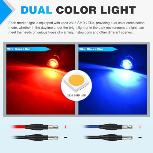 Image of Nilight 3 /4 Inch Dual Color Marker Light Red Brake Blue Clearance Lights | 10PCS Auxiliary Side Lamp w /3 Pin Plug IP68 Waterproof Fits Trailers Trucks Campers RVs ATVs UTVs