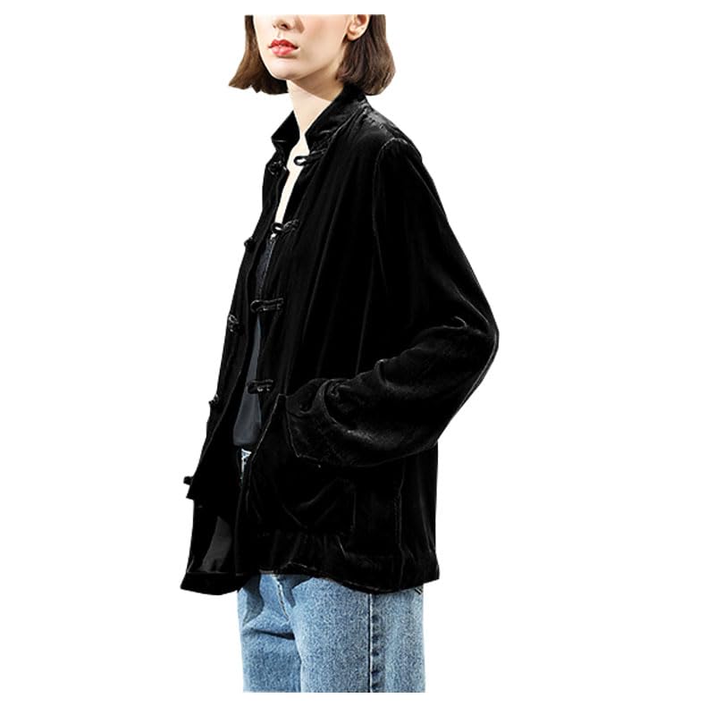 Silk Velvet Spring Autumn Ladies Buckle Vertical Collar Blouse Chinese Style Tops Large Size 150KG 5XL Women's Clothes