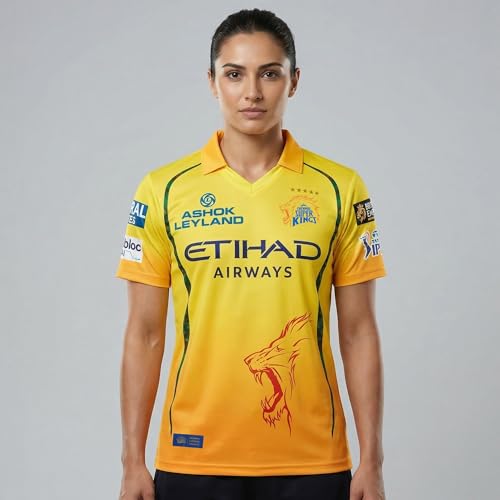 Image of playR x Chennai Super Kings Original Fan Jersey IPL 2026 - Adult Plain Half Sleeve CSK Cricket T-Shirt, Regular Fit Sportswear Tee for Training, Outdoor & Match Day Activewear for All Season