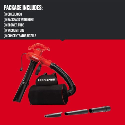 CRAFTSMAN 3-in-1 Leaf Blower, Vacuum and Mulcher, Backpack Blower Up to 260 MPH, 12 Amp, Corded Electric Leaf Collector (CMEBL7000)
