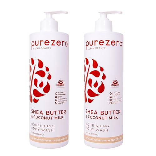 Purezero Shea Butter & Coconut Milk Body Wash, Leaves Skin Hydrated and Fresh, Maintain Elasticity and Smoothness, Zero Sulfates, Parabens, Dyes,100% Vegan & Cruelty-Free (20oz, 2 Pack)