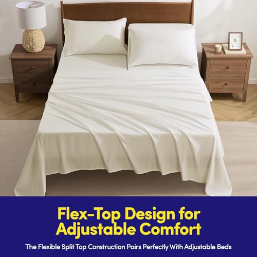 Image of Split Head King Sheets Set for Adjustable Beds 4 Piece Flex Top Bed Sheets - Deep Pocket Split Top Fitted Sheet with Built-in Corner Straps, Luxury Soft Cooling Bedding, Wrinkle Resistant, Ivory