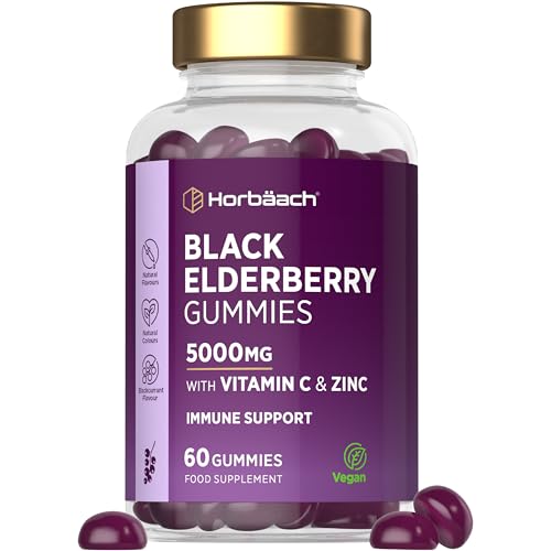 Black Elderberry Gummies 5000mg with Vitamin C & Zinc | High Strength Elderberry Fruit Extract | 60 Vegan Blackcurrant Flavoured Gummies | Suitable for Men & Women | Tablet Alternative | by Horbaach