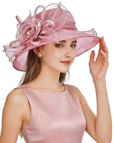Z&X Organza Church Fascinator Wedding Tea Party Derby Hats for Women Flower Wide Brim Sun Hat Pink